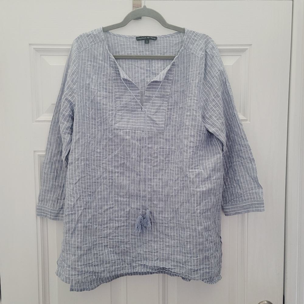Preston and York Blue Stripe Blouse Tunic Size Large Artsy Tassels Hi Low